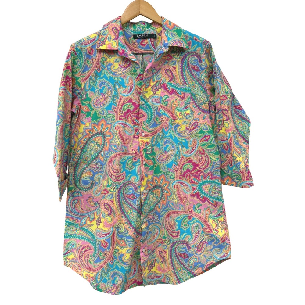 Lauren Ralph Lauren Paisley Button Down Shirt Multicolor 3/4 Sleeve cotton S